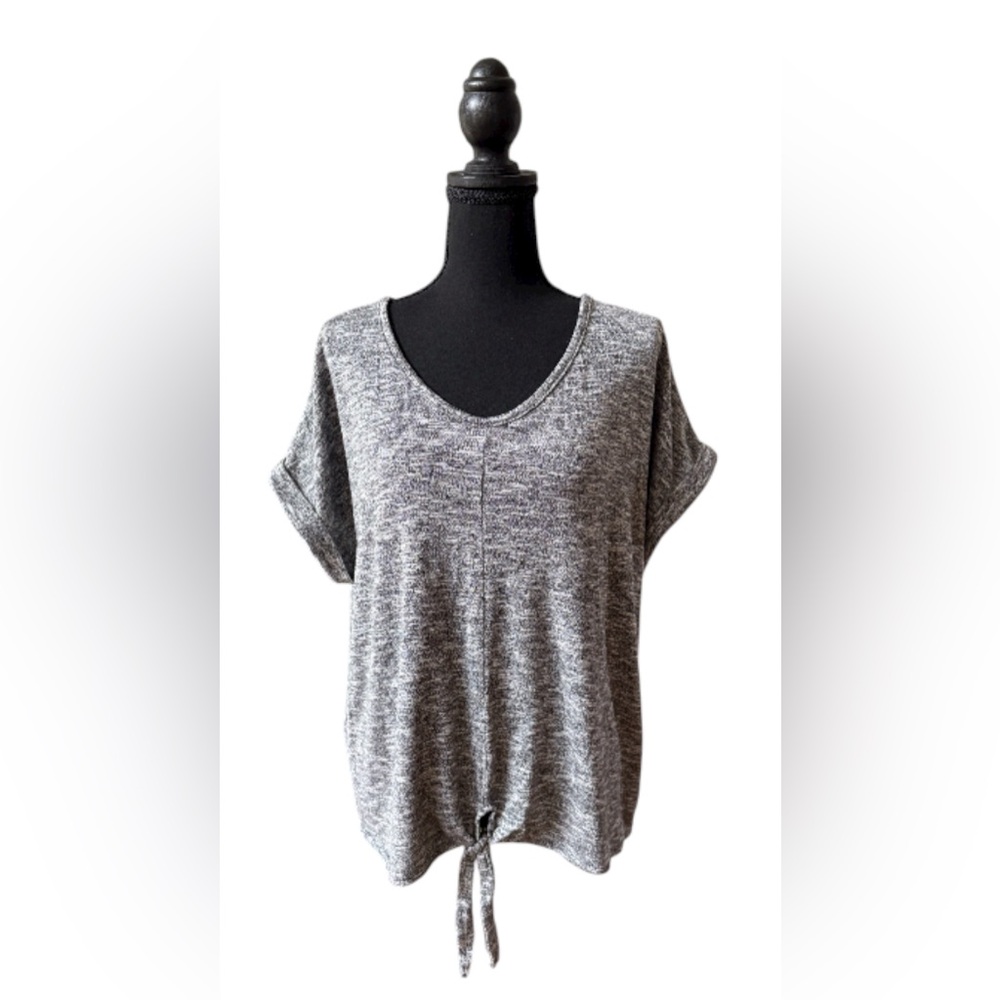 Juicy Couture Charcoal Gray Cuffed Sleeved V Neck Sweater Top with Bottom Tie